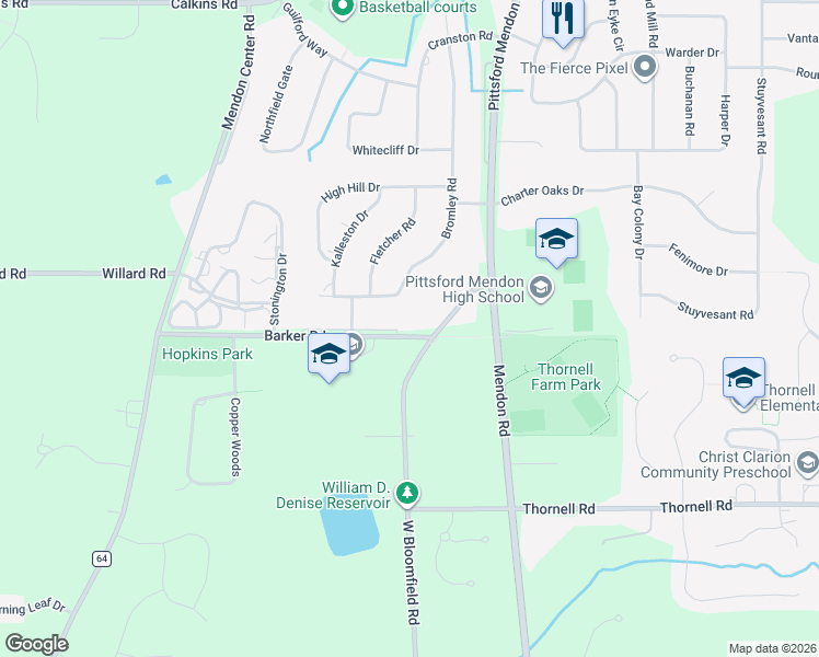 map of restaurants, bars, coffee shops, grocery stores, and more near 104 Barker Road in Pittsford