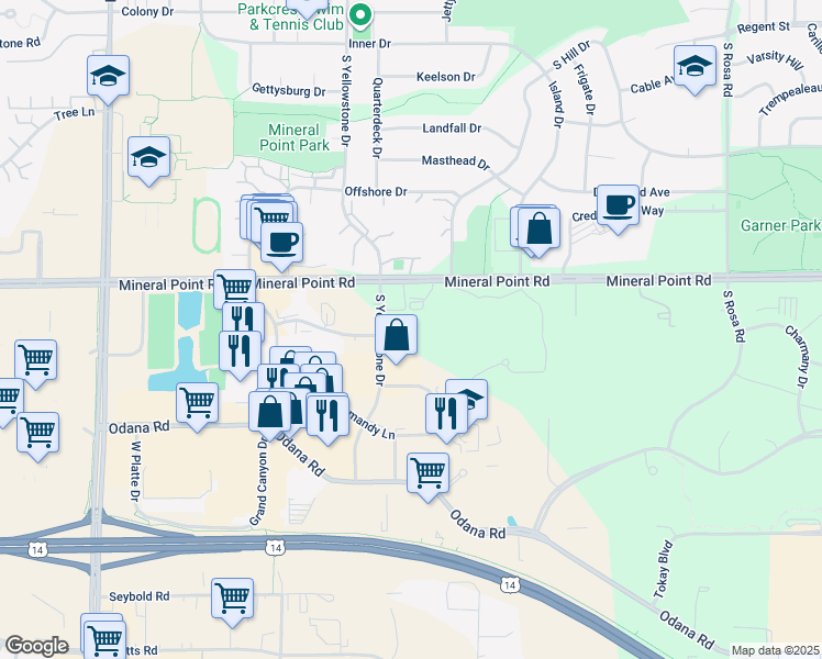 map of restaurants, bars, coffee shops, grocery stores, and more near 429 South Yellowstone Drive in Madison