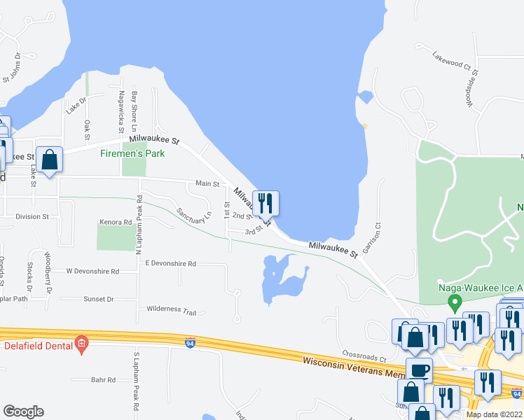 map of restaurants, bars, coffee shops, grocery stores, and more near 1557 Milwaukee Street in Delafield