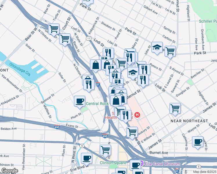 map of restaurants, bars, coffee shops, grocery stores, and more near 912 North State Street in Syracuse