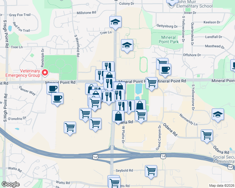 map of restaurants, bars, coffee shops, grocery stores, and more near 430 Gammon Place in Madison