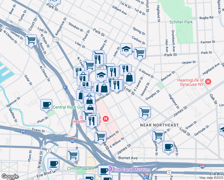 map of restaurants, bars, coffee shops, grocery stores, and more near 511 Butternut Street in Syracuse