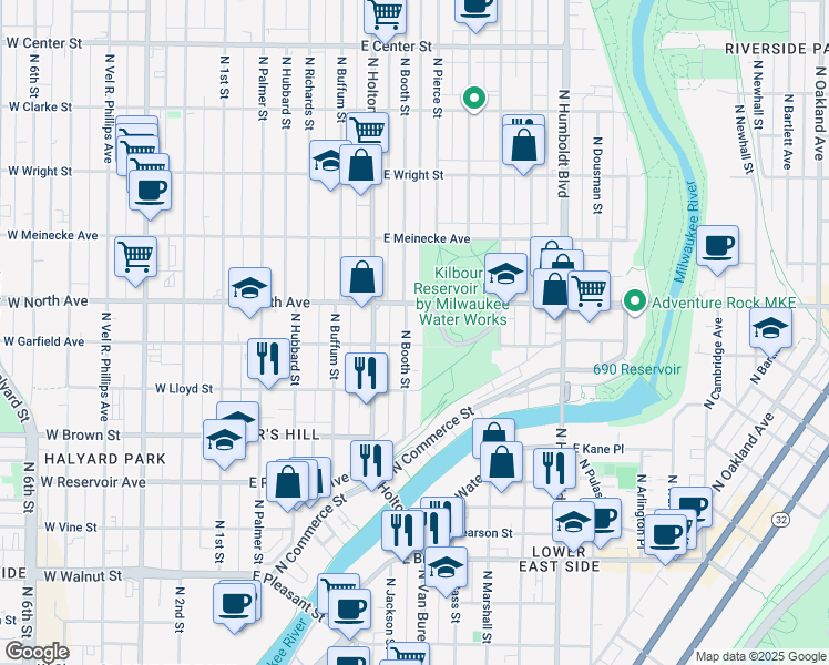 map of restaurants, bars, coffee shops, grocery stores, and more near 2210 North Booth Street in Milwaukee