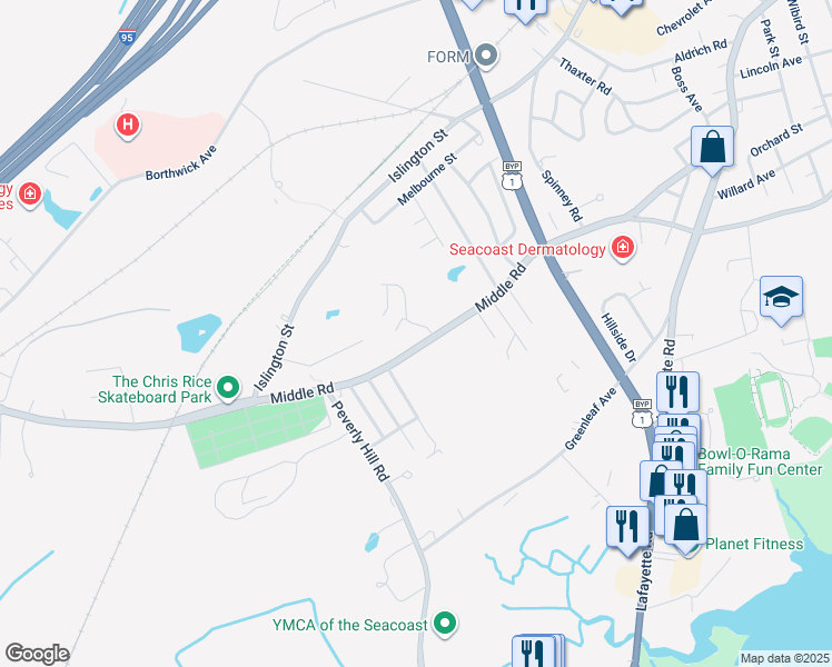 map of restaurants, bars, coffee shops, grocery stores, and more near 768 Middle Road in Portsmouth
