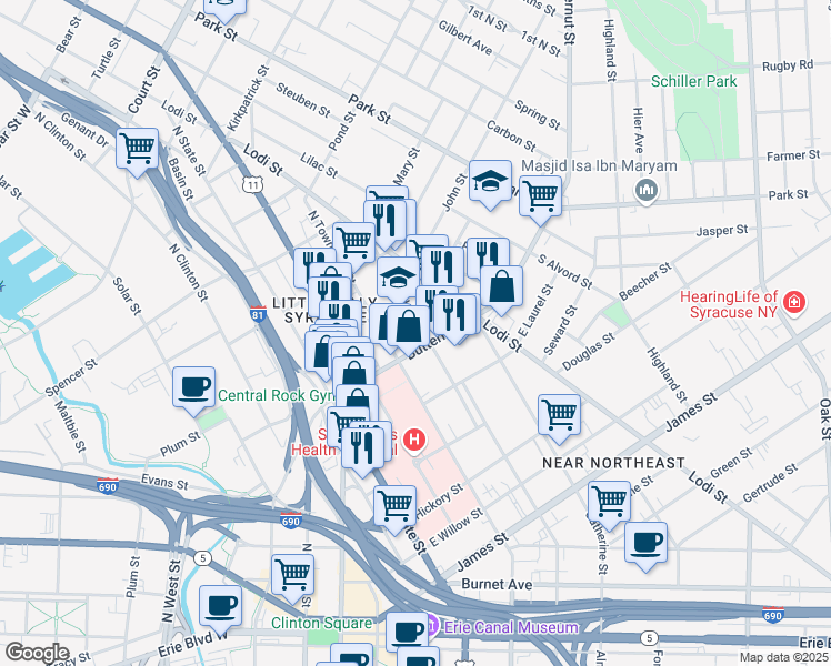 map of restaurants, bars, coffee shops, grocery stores, and more near 416 Butternut Street in Syracuse