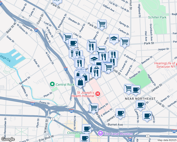 map of restaurants, bars, coffee shops, grocery stores, and more near 809 North Townsend Street in Syracuse