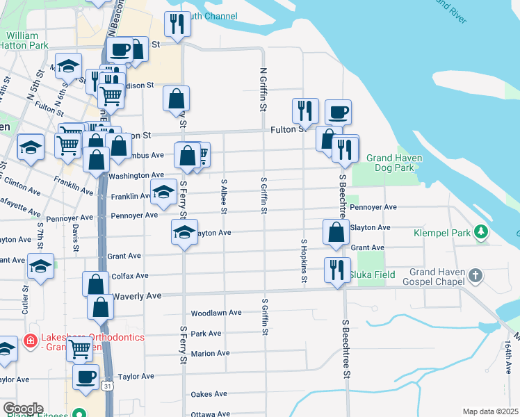 map of restaurants, bars, coffee shops, grocery stores, and more near 1250 Pennoyer Avenue in Grand Haven