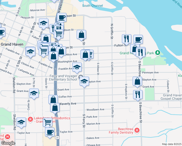 map of restaurants, bars, coffee shops, grocery stores, and more near 1140 Pennoyer Avenue in Grand Haven