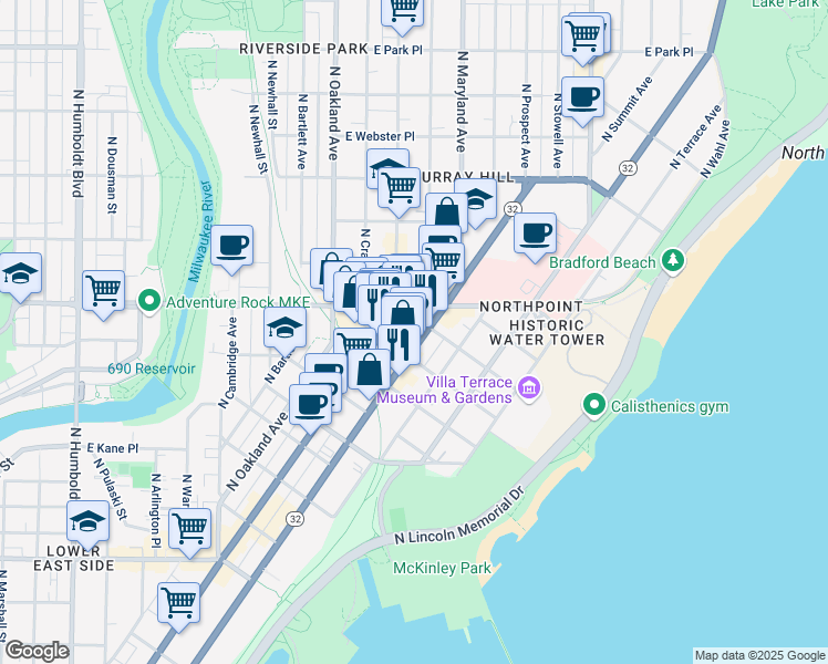 map of restaurants, bars, coffee shops, grocery stores, and more near 2211 North Prospect Avenue in Milwaukee