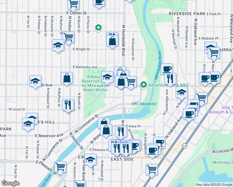 map of restaurants, bars, coffee shops, grocery stores, and more near 1016 East Garfield Avenue in Milwaukee