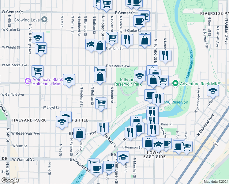 map of restaurants, bars, coffee shops, grocery stores, and more near 615 East Garfield Avenue in Milwaukee
