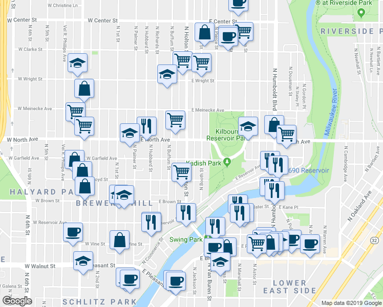 map of restaurants, bars, coffee shops, grocery stores, and more near 521 East Garfield Avenue in Milwaukee