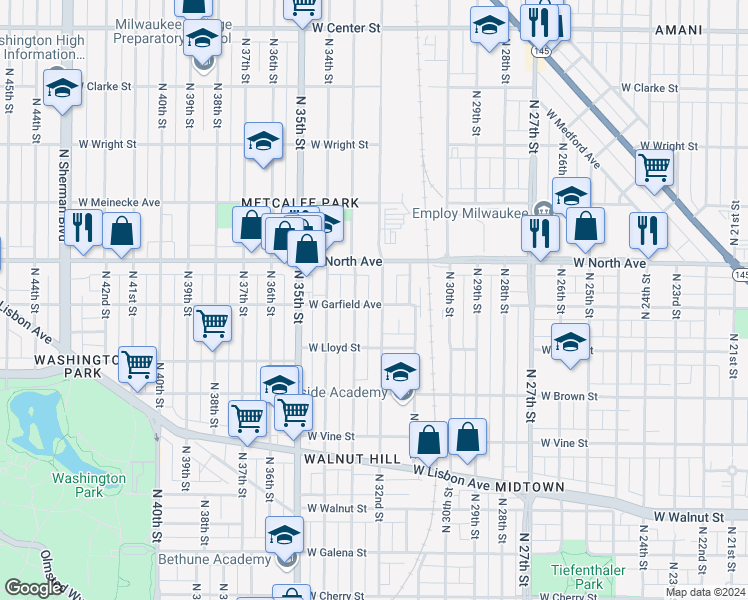 map of restaurants, bars, coffee shops, grocery stores, and more near 2151 North 32nd Street in Milwaukee