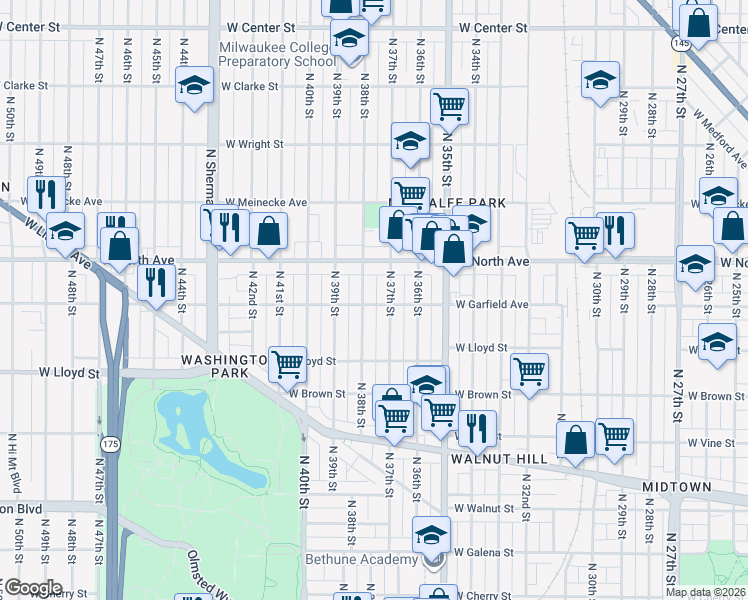 map of restaurants, bars, coffee shops, grocery stores, and more near 2173 North 37th Street in Milwaukee