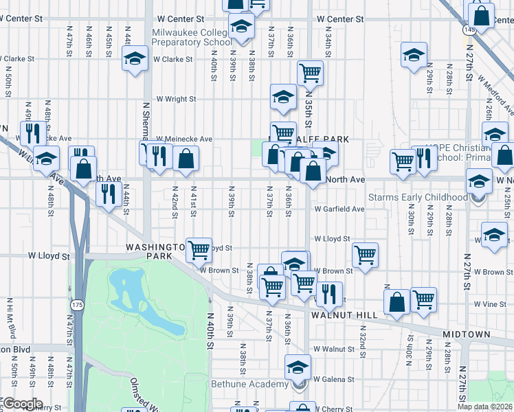 map of restaurants, bars, coffee shops, grocery stores, and more near 2173 North 37th Street in Milwaukee