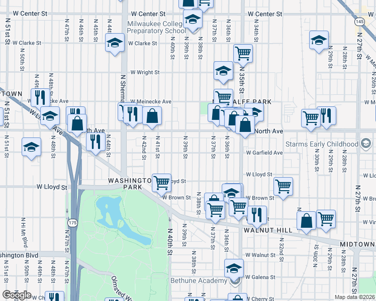 map of restaurants, bars, coffee shops, grocery stores, and more near 2167 North 38th Street in Milwaukee