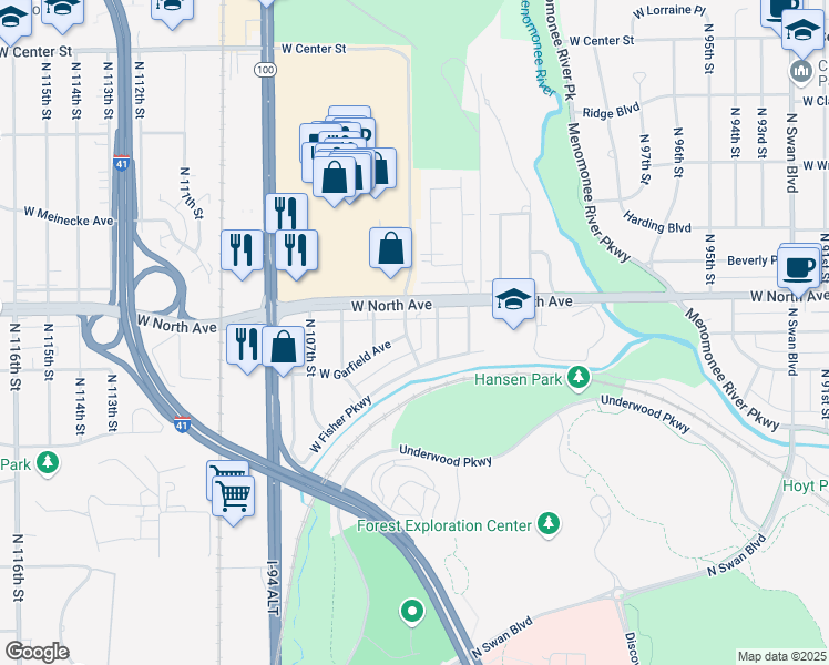 map of restaurants, bars, coffee shops, grocery stores, and more near 2231 North 104th Street in Wauwatosa