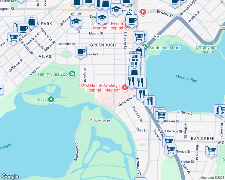 map of restaurants, bars, coffee shops, grocery stores, and more near 700 South Park Street in Madison