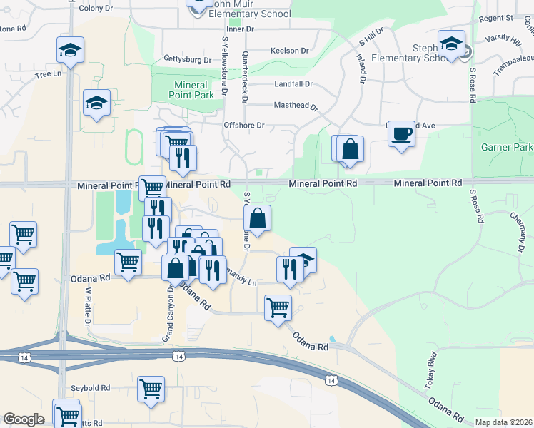 map of restaurants, bars, coffee shops, grocery stores, and more near 429 South Yellowstone Drive in Madison