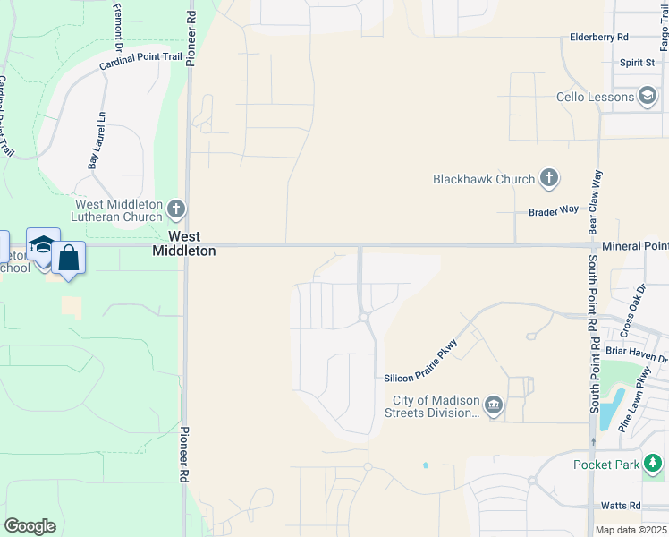 map of restaurants, bars, coffee shops, grocery stores, and more near 203 Blooming Leaf Way in Verona