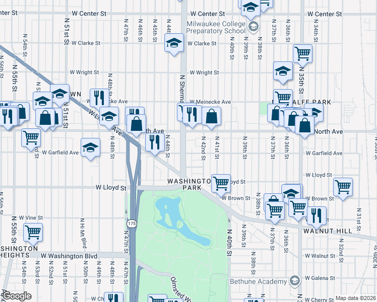 map of restaurants, bars, coffee shops, grocery stores, and more near 2172 North Sherman Boulevard in Milwaukee
