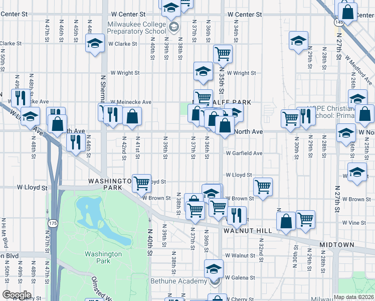 map of restaurants, bars, coffee shops, grocery stores, and more near 3712-3714 West Garfield Avenue in Milwaukee