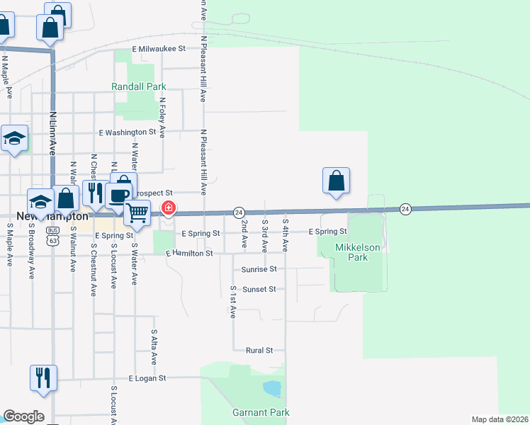 map of restaurants, bars, coffee shops, grocery stores, and more near 1 South 3rd Avenue in New Hampton
