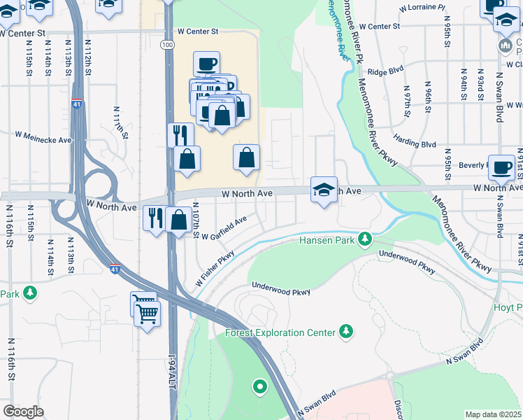 map of restaurants, bars, coffee shops, grocery stores, and more near 2231 North 104th Street in Wauwatosa