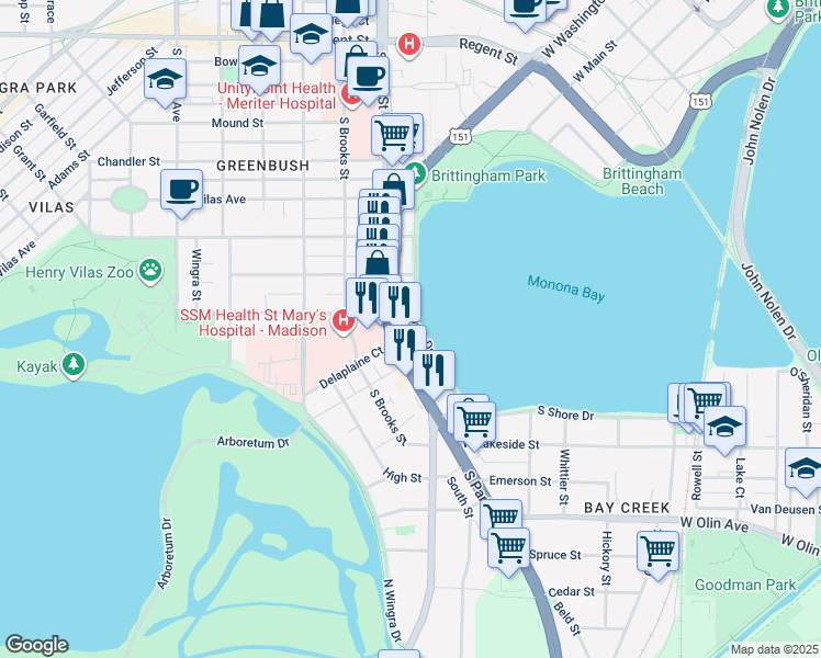 map of restaurants, bars, coffee shops, grocery stores, and more near 714 West Shore Drive in Madison