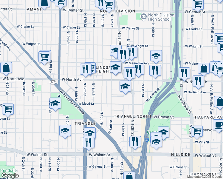map of restaurants, bars, coffee shops, grocery stores, and more near 2222 N 14th St in Milwaukee