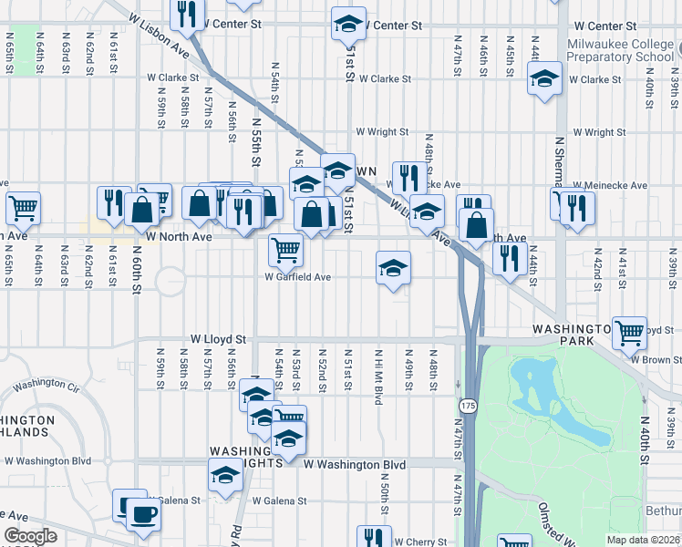 map of restaurants, bars, coffee shops, grocery stores, and more near 2183 North 51st Street in Milwaukee
