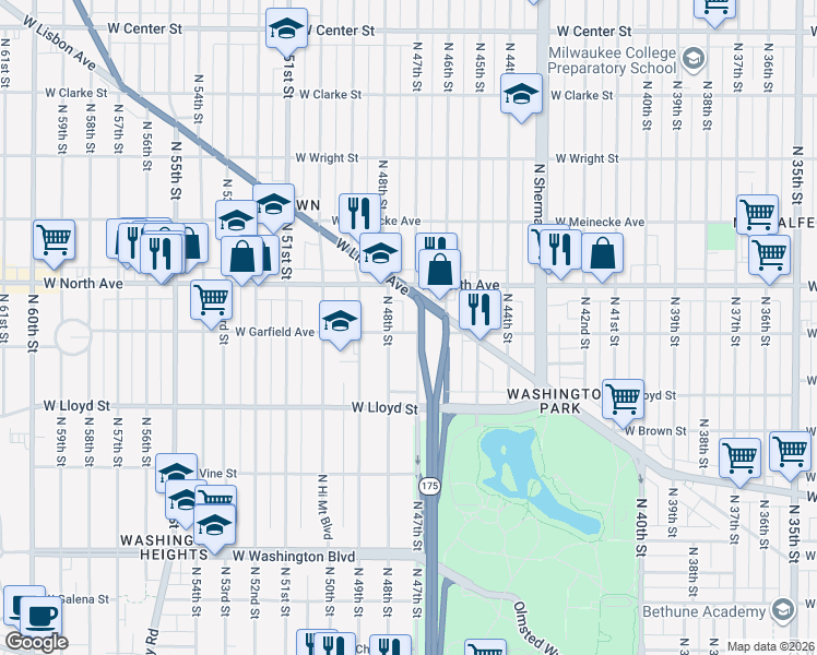 map of restaurants, bars, coffee shops, grocery stores, and more near 2184 North 48th Street in Milwaukee