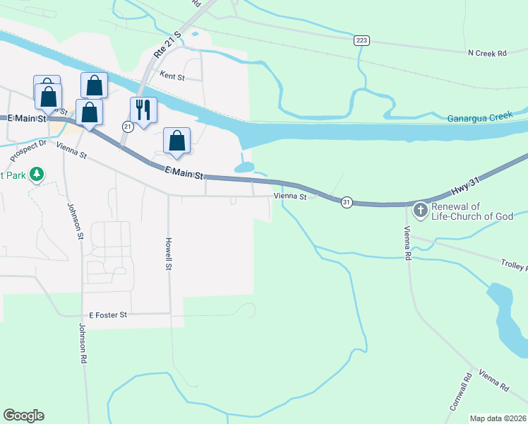 map of restaurants, bars, coffee shops, grocery stores, and more near 3510 Vienna Street in Palmyra