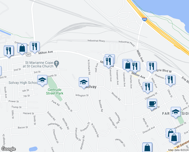map of restaurants, bars, coffee shops, grocery stores, and more near 304 Hall Avenue in Solvay