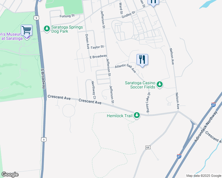 map of restaurants, bars, coffee shops, grocery stores, and more near Jefferson St & Clubhouse Dr in Saratoga Springs