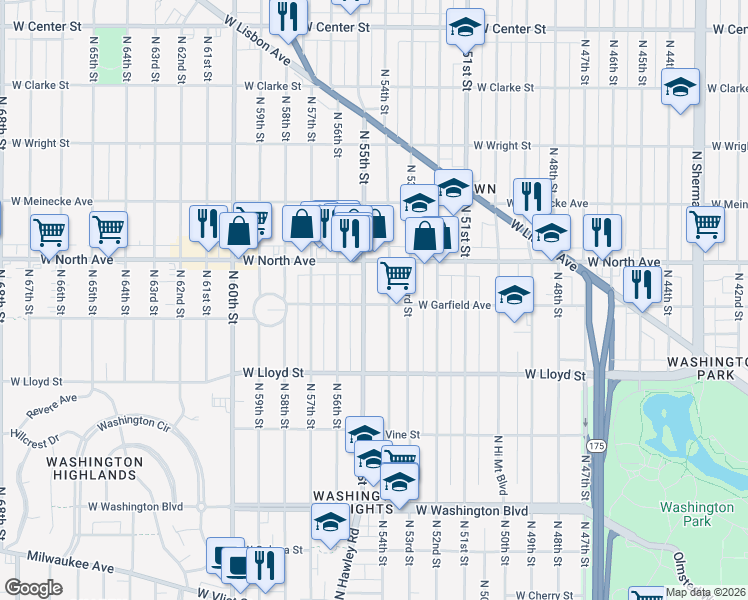 map of restaurants, bars, coffee shops, grocery stores, and more near 5418 West Garfield Avenue in Milwaukee