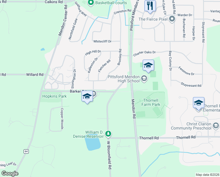 map of restaurants, bars, coffee shops, grocery stores, and more near 104 Barker Road in Pittsford