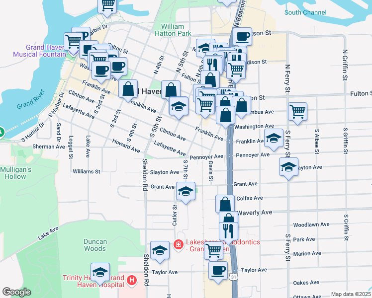 map of restaurants, bars, coffee shops, grocery stores, and more near 220 South 7th Street in Grand Haven