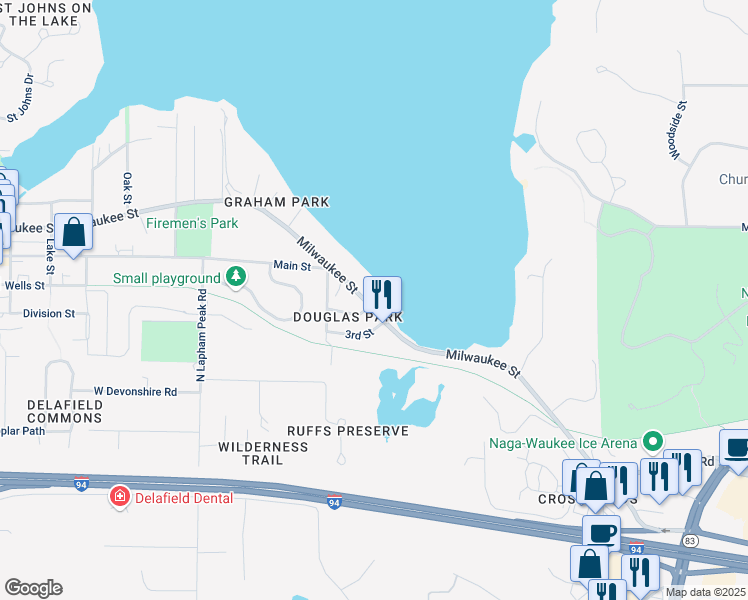 map of restaurants, bars, coffee shops, grocery stores, and more near 1553 Milwaukee Street in Delafield