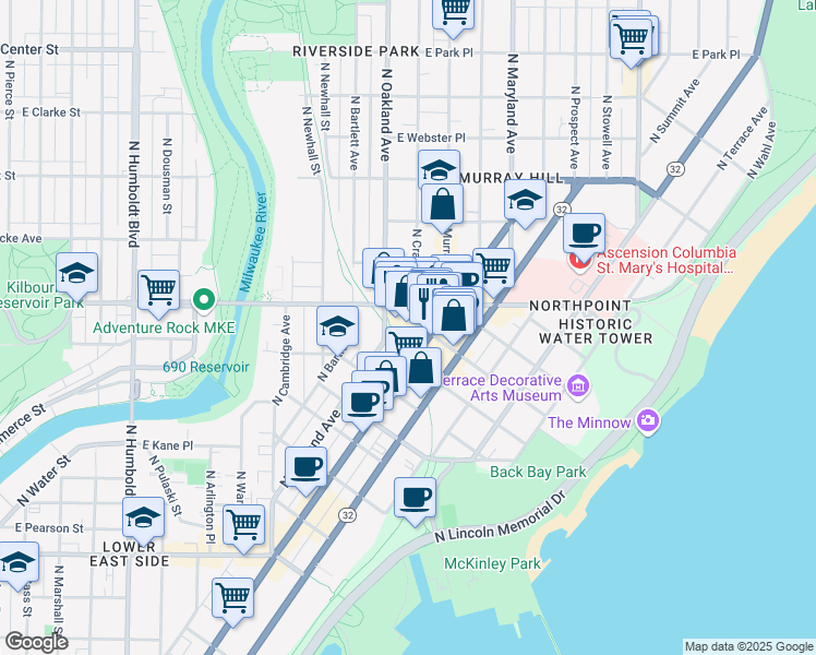 map of restaurants, bars, coffee shops, grocery stores, and more near 1857 East Kenilworth Place in Milwaukee