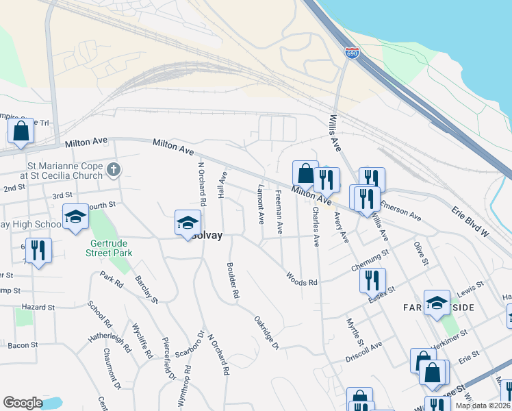 map of restaurants, bars, coffee shops, grocery stores, and more near 206 Lamont Avenue in Syracuse