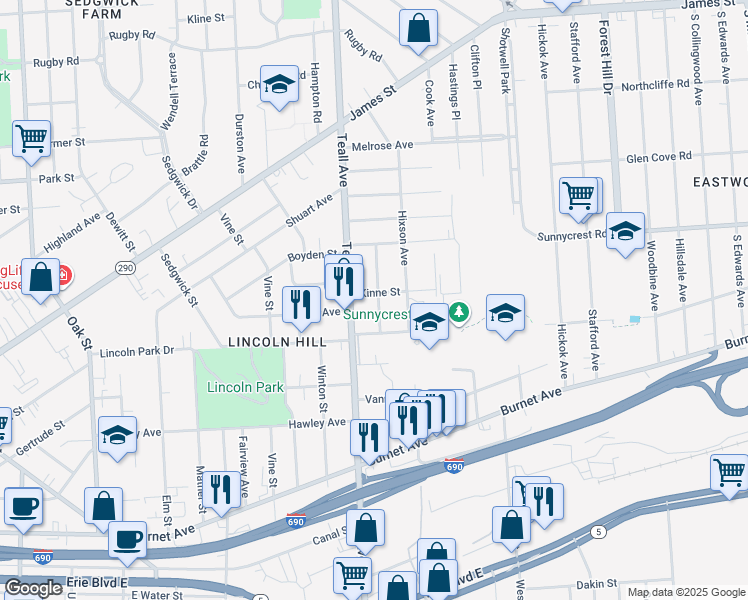 map of restaurants, bars, coffee shops, grocery stores, and more near 112 Kinne Street in Syracuse