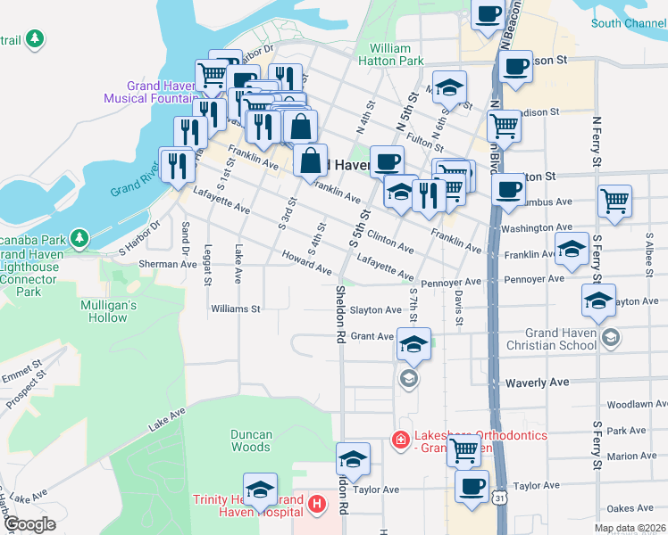 map of restaurants, bars, coffee shops, grocery stores, and more near 420 Howard Avenue in Grand Haven