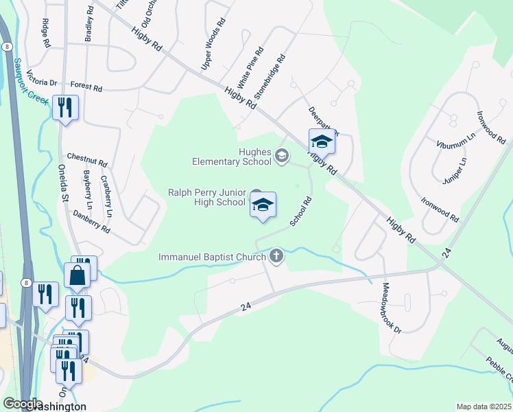 map of restaurants, bars, coffee shops, grocery stores, and more near 9499 Weston Road in New Hartford