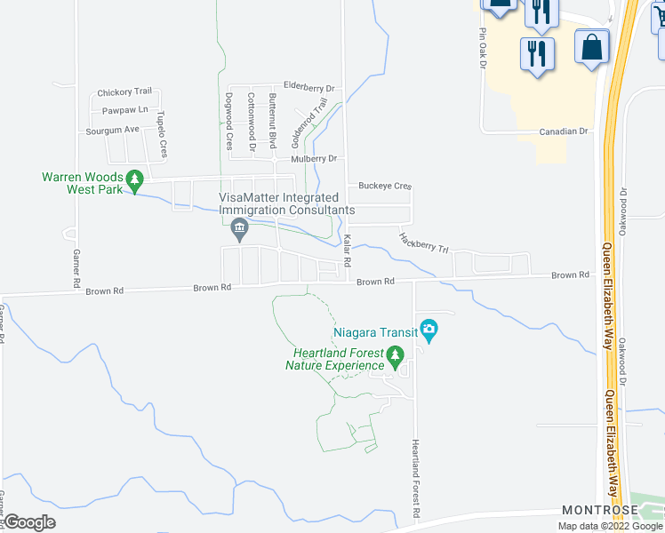 map of restaurants, bars, coffee shops, grocery stores, and more near 8273 Tulip Tree Drive in Niagara Falls