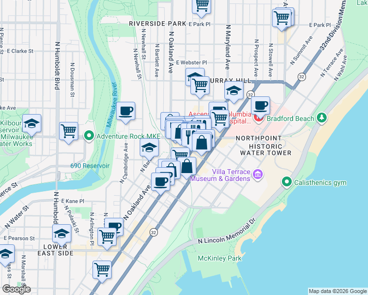 map of restaurants, bars, coffee shops, grocery stores, and more near 1857 East Kenilworth Place in Milwaukee