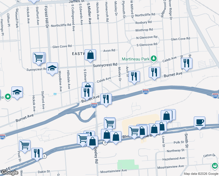map of restaurants, bars, coffee shops, grocery stores, and more near 2401 Burnet Avenue in Syracuse