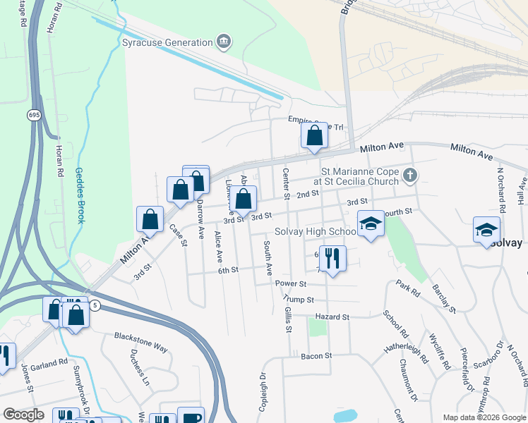 map of restaurants, bars, coffee shops, grocery stores, and more near 625 3rd Street in Syracuse