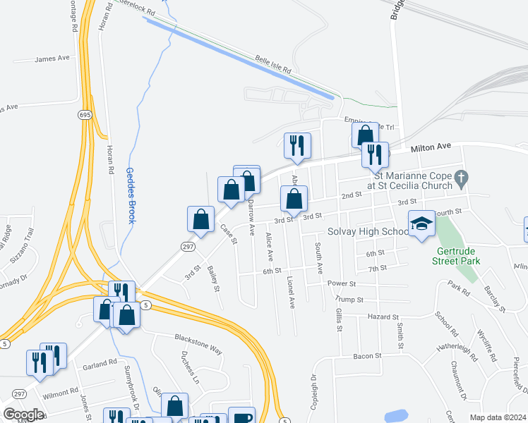 map of restaurants, bars, coffee shops, grocery stores, and more near 818 3rd Street in Solvay