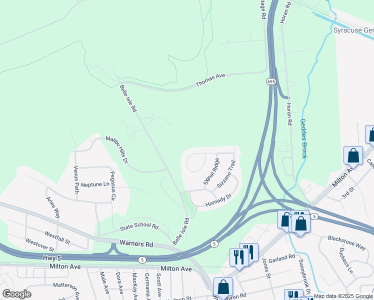 map of restaurants, bars, coffee shops, grocery stores, and more near 159 Lookout Circle in Syracuse